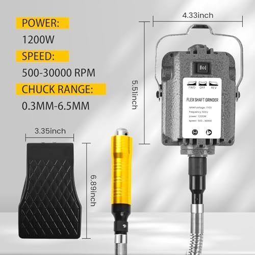 1200W 30000RPM Rotary Tool, Electric Flex Shaft Rotary Tool, Flex Shaft Grinder Hanging Carver, Foot Pedal Control, Wall Mount Metal Flexible Shaft, Rich Accessories for Jewelry Polishing Grinding