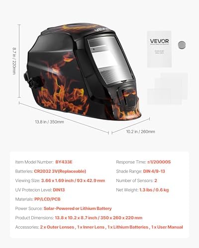 VEVOR Welding Helmet Auto Darkening, 3.66" x 1.69" True Color Welding Hood, Solar-Powered Welder Mask 2 Arc Sensors, Shade 4/9-13 for TIG MIG ARC Weld Grinding - CRIUS Series (Yellow Flame Pattern)