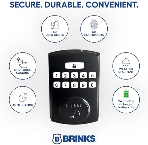 Brinks Fingerprint Door Lock, Keyless Entry Biometric Lock, Electronic Keypad Fingerprint Deadbolt with Auto-Locking, Front Door Lock and Interior Knob Set, Easy Installation, Matte Black