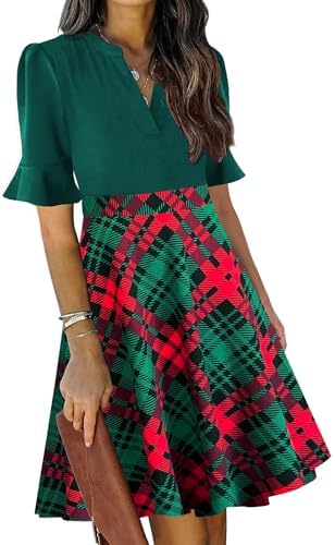 Mokayee Womens Summer V Neck Ruffle Short Sleeve Fit and Flare Knee Length Church Wedding Guest Dresses with Pockets