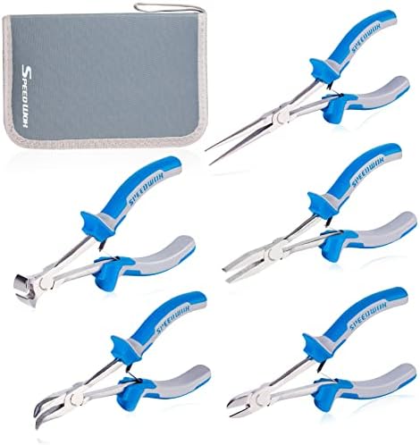 SPEEDWOX 5Pcs Mini Long Reach Pliers Set with Case Include Flat Nose Pliers End Cutting Pliers Bent Nose Pliers Diagonal Pliers Needle Nose Pliers for Making Crafts, Repairing