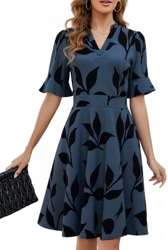 Mokayee Womens Summer V Neck Ruffle Short Sleeve Fit and Flare Knee Length Church Wedding Guest Dresses with Pockets