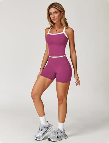 QBGJTD Two Piece Workout Sets For Women Tank Top Matching High Waist Booty Lifting Shorts Gym Yoga Active Wear Outfits