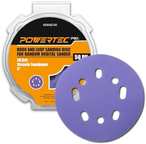 POWERTEC PRO 50PK, 5 Inch Sanding Discs Hook and Loop, 40 Grit, Zirconia Orbital Sander Sandpaper for 5 & 8 Hole Random Orbital Sanders - Automotive, Paint, Metal, Woodworking (45304Z-50)