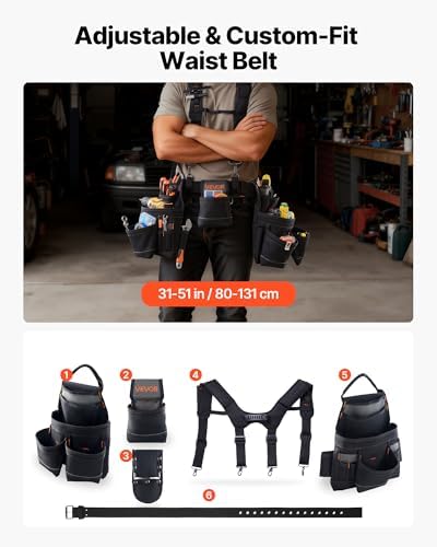 VEVOR Tool Belt, 19 Pockets Tool Pouch with Suspenders for Men, Heavy Duty Adjustable Utility Belt Work Bag Detachable Suspension Rig for Electrician, Carpenter, Construction, Adjust Waist 31 to 51in