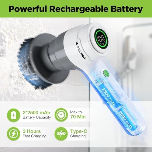 WORKPRO 8V Cordless Spin Scrubber, 6 Replaceable Brush Heads & 3 Speeds