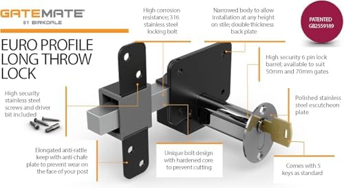GATEMATE 2” Single Locking Long Throw Lock, High Security with Slide Bolt, Stainless Steel & Powder Coated, Corrosion Resistant, Elongated Keep for Gate Drop.
