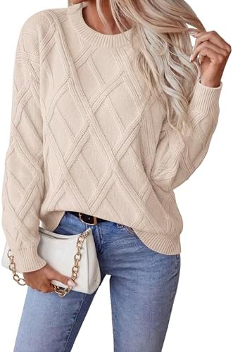 Okiwam Women's Long Sleeve Sweaters Crewneck Cable Knit Pullover