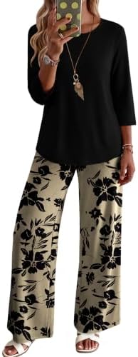 WIHOLL Two Piece Sets for Women Lounge 3/4 Length Sleeve Womens Tops Graphic Pants with Pockets Summer Outfits 2026
