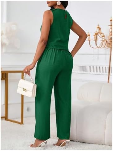 Floerns Women's 2 Piece Sets Dressy Outfits Bussiness casual Crew Neck Sleeveless Blouse and Elegant Pants Set