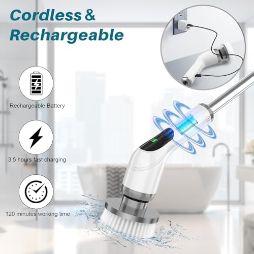 Electric Spin Scrubber for Cleaning: Cordless Scrub Brush with Extension Handle and Adjustable Speeds - Power Scrubbers for Cleaning Bathroom Shower Tub Tile Floor Car (Gray)