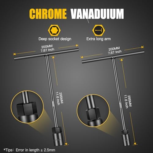 T-Handle Socket Wrench Set, 11PCS Metric Handle Wrenches - 6, 7, 8, 9, 10, 11, 12, 13, 15, 17, 19mm, 6-Point Hex Socket Lug Wrench for Motorcycle Car Bicycle Repair, Chrome Vanadium Steel