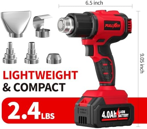 FULLYEA 21V Cordless Heat Gun, 572℉-1022°F, with 5 Nozzles & Portable Case