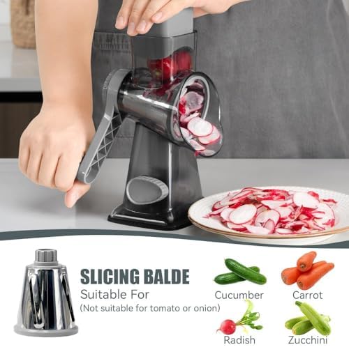 KEOUKE Rotary Cheese Grater Hand Crank Transparent - Shredder Slicer Grinder 3 Stainless Steel Blades, Stable Suction, Labor-Saving Handle, Safe Kitchen Tool for Cheese, Vegetable, Nuts, Chocolate