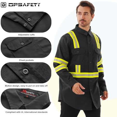 FR Shirts for Men 7oz Hi Vis Fire Resistant Shirts CAT2 Welding Shirt 100% Cotton High Visibility Flame Resistant Shirt Black(4X-Large)
