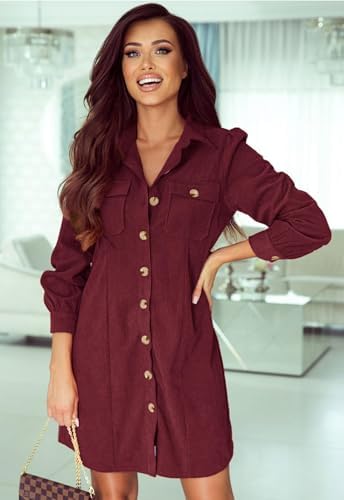 Alaster Queen Women's Corduroy Long Sleeve Button Work Tunic Short Dresses
