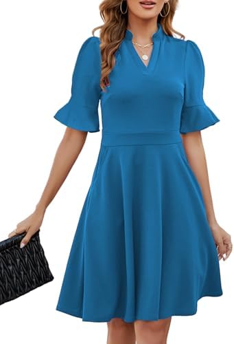 Mokayee Womens Summer V Neck Ruffle Short Sleeve Fit and Flare Knee Length Church Wedding Guest Dresses with Pockets