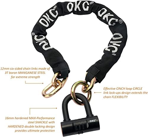 OKG Ultra Security Motorcycle Chain Lock - 4 Keys, 13lbs, 5 ft x 1/2 in (12mm) Thick Noose Security Chain Combo 11/16" (18mm) Small U Lock for Motorcycles, Mopeds, E-Bikes, Trailers, ATVs, etc.