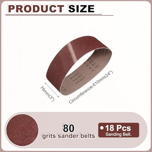 HARFINGTON 3 x 24 Inch Sanding Belts, 18 Pcs 80 Grits Aluminum Oxide Abrasive Belt Sander File Belt for Woodworking, Metal Polishing, Knife Sharpener