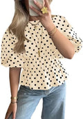 Cicy Bell Women Polka Dot Peplum Blouse Round Neck Puff Sleeve Summer Top