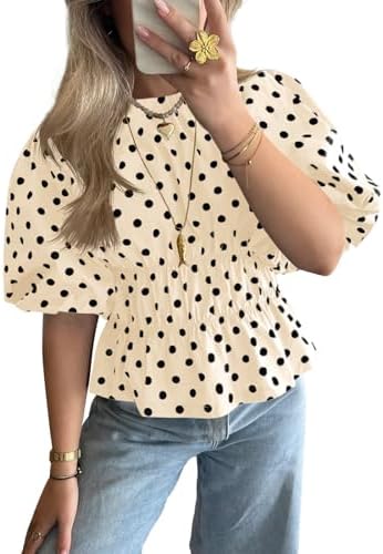 Cicy Bell Women Polka Dot Peplum Blouse Round Neck Puff Sleeve Summer Top