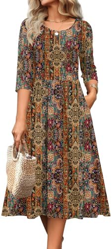 Zeagoo 3/4 Sleeve Women's Dress Casual Aline Summer Fall Midi Long Dresses