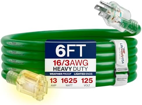 6ft Outdoor/Indoor Extension Cord 16/3 Gauge Heavy Duty 3 Prong SJTW, Waterproof, Flexible Cold-Resistant Long Power Cord,13A 125V 1625W, Green by LifeSupplyUSA