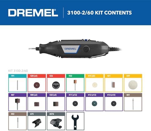 Dremel 3100-2/60 Variable Speed Rotary Tool Kit- 2 Attachments and 60 Accessories, Ideal for a Variety of Crafting and DIY Projects- Cutting, Sanding, Grinding, Polishing, Drilling, and Engraving