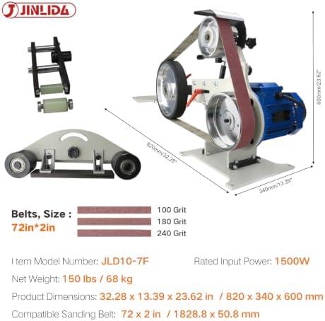 JLD Professional Belt Grinder Sander, 2x72 Inch Belt, 1500W Electric Motor with 2.2KW VFD, 3sets of Grinding Kits with 3 Grinding Methods,Vertical and Horizontal Operation Includes 3 Sanding Belts.