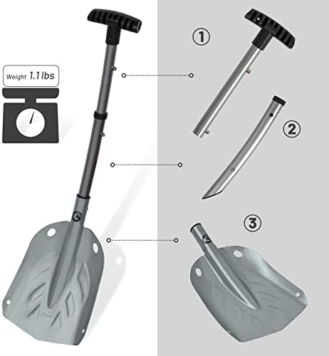 G2 Backcountry Lightweight Telescopic Avalanche Snow Shovel, Storage Down to 13 inch, Durable Aluminum Alloy Material, ABS Anti-Slip Proof Handle, Compact Storage Size (Grey)