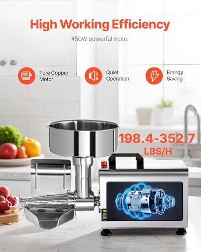 VBENLEM 110V Electric Tomato Strainer 370W Commercial Grade Tomato Milling Machine Stainless Steel Tomato Press and Strainer 90-160 Kg/H Pure Copper Motor Food Strainer and Sauce Maker