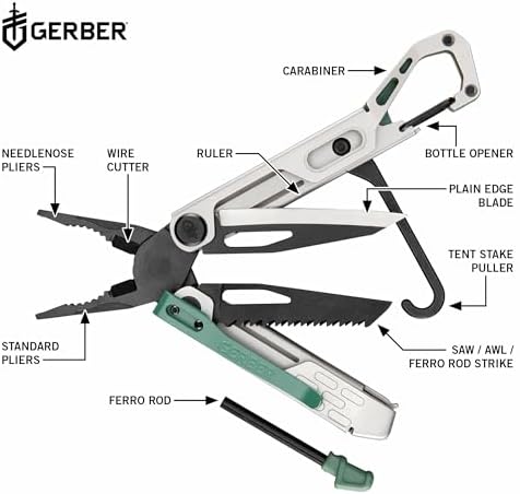 Gerber Gear Stakeout Spark - Multi-Tool Folding Knife for Backpacking, Survival, Camping, Outdoor - Pocket Tool w/Bottle Opener, Tent Stake Puller, Scissors, Tweezers - Baltic Haze