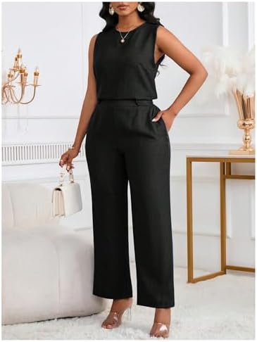 Floerns Women's 2 Piece Sets Dressy Outfits Bussiness casual Crew Neck Sleeveless Blouse and Elegant Pants Set