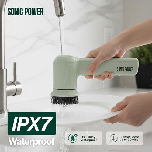 SonicPower Electric Spin Scrubber – Handheld & Ergonomic, IPX7 Waterproof, 4 Multi-Purpose Brush Heads, Long-Lasting Rechargeable Battery – Cleans Dishes, Bathroom, Tile, Grout & Kitchen (Sage)