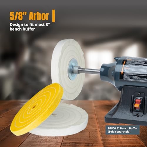 POWERTEC 8-Inch Bench Buffer Jewelry Polisher - Includes 2PCs 80Ply Thic Buffing Wheels + 2 Pack White & Yellow Polishing Wheels