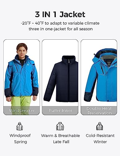 wantdo Boys' 3-in-1 Ski Jacket Fleece-Lined Winter Coat Hooded Raincoat