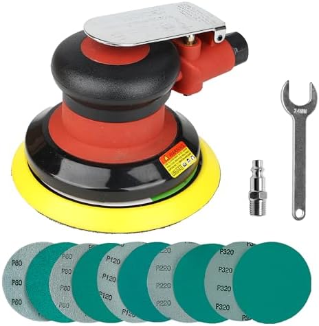 5 inch Air Random Orbital Sander, MAX 12000 RPM 3/16" Orbit Heavy Duty Dual Action Pneumatic Palm Sander, for Auto Body Woodworking Metal, with 10 Sandpapers & Extra Backing Pad