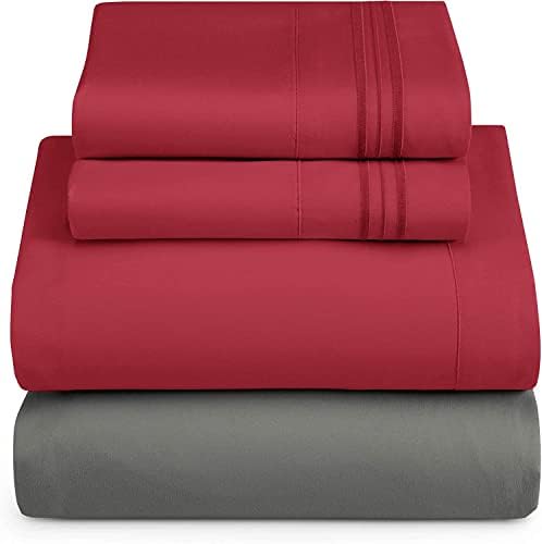 Nestl Full Sheets Set - 4 Piece Full Bed Sheets, Hotel Luxury, Extra Soft, Double Brushed Bedding for Full Size, 2 Tone Grey/Burgundy Set, Grey Fitted Sheet, Burgundy Flat Sheet, Burgundy Pillow Case