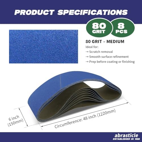 8 Pack 6 x 48 Inch Zirconia Sanding Belts, 80 Grit Heavy Duty Belt Sander Paper, Fits Belt Sander & Bench Sander for Professional Woodworking, Metal Polishing and Surface Preparation