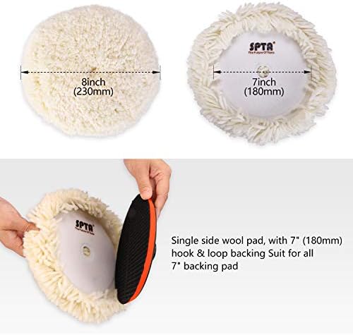 Wool Polishing Pads, SPTA 8"(200mm) 100% Natural Wool Buffing Pad with Hook & Loop Backing 4pcs Set Come with 5/8-11 Thread Backing Plate for Car Polishing, Buffing and Cutting