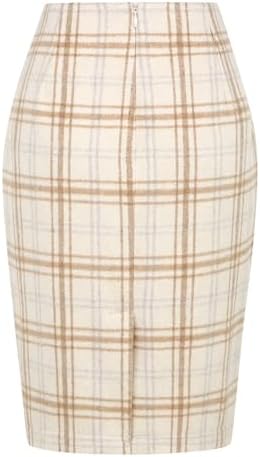 IDEALSANXUN Plaid Skirts for Women Fall Winter Knee Length Pencil Wool Skirt with Slit