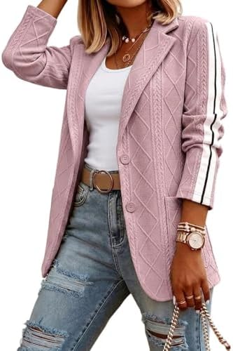 CHICME Women's Argyle Cable Jacquard Tape Sleeve Button Work Travel Blazer