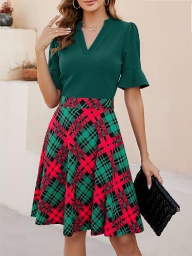Mokayee Womens Summer V Neck Ruffle Short Sleeve Fit and Flare Knee Length Church Wedding Guest Dresses with Pockets