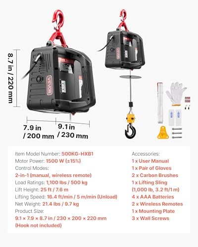 VEVOR 2-in-1 Electric Hoist Winch, 1100 lbs Capacity, 1500W Portable Power Winch Crane, 25 ft Lifting Height, 16.4 ft/min with Manual and Wireless Remote Control for Factory, Warehouss, Garage