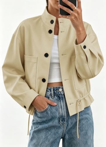 Womens Funnel Neck Jackets Fall Casual Ruffle Hem Cropped Coats