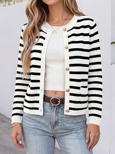 ANRABESS Women's Button Down Cropped Striped Cardigan Sweaters