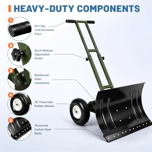 GarveeLife Wheeled Snow Shovel - 29in Steel Blade, 10in Wheels Army Green