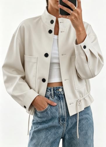 Womens Funnel Neck Jackets Fall Casual Ruffle Hem Cropped Coats