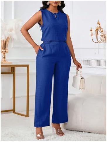 Floerns Women's 2 Piece Sets Dressy Outfits Bussiness casual Crew Neck Sleeveless Blouse and Elegant Pants Set