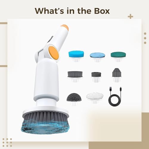 Electric Spin Scrubber 9-in-1, Cordless Power Scrubber for Bathroom and Kitchen with Adjustable Extension Handle, 1500 RPM Motor, IPX7 Waterproof Body, Digital Power Display, White and Orange